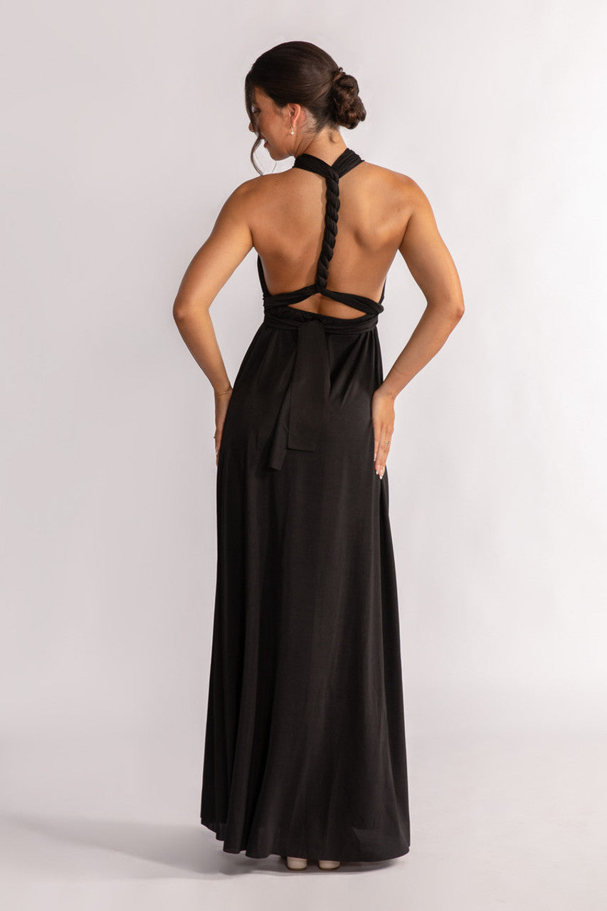 Luxe Satin A-line Infinity Dress in Black