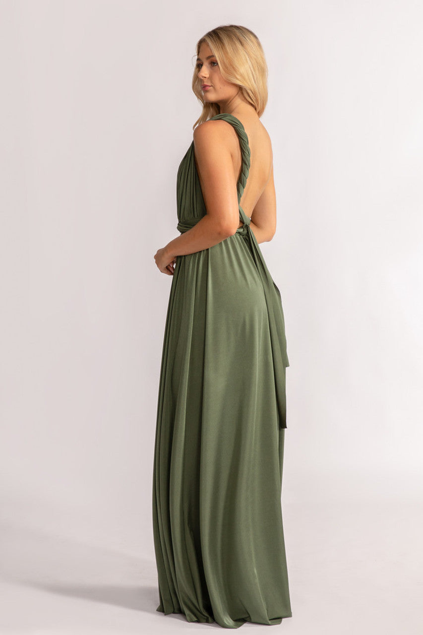 Luxe Satin A-line Infinity Dress in Dark Eucalyptus