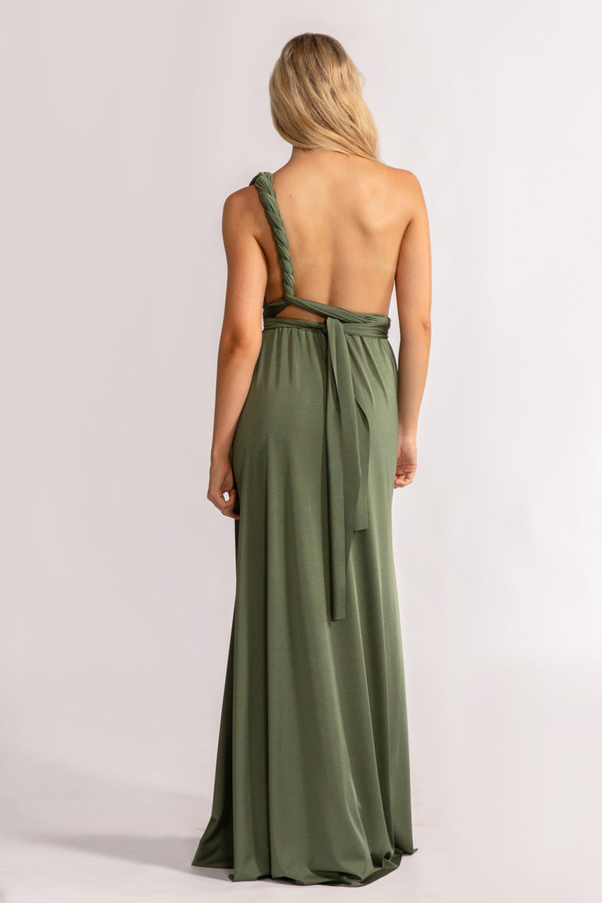 Luxe Satin A-line Infinity Dress in Dark Eucalyptus