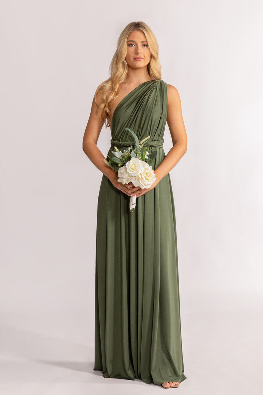 Luxe Satin A-line Infinity Dress in Dark Eucalyptus