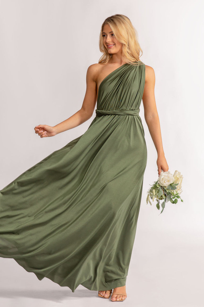 Luxe Satin A-line Infinity Dress in Dark Eucalyptus