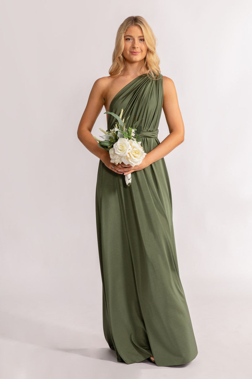 Luxe Satin A-line Infinity Dress in Dark Eucalyptus