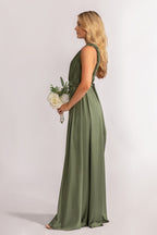 Luxe Satin A-line Infinity Dress in Dark Eucalyptus