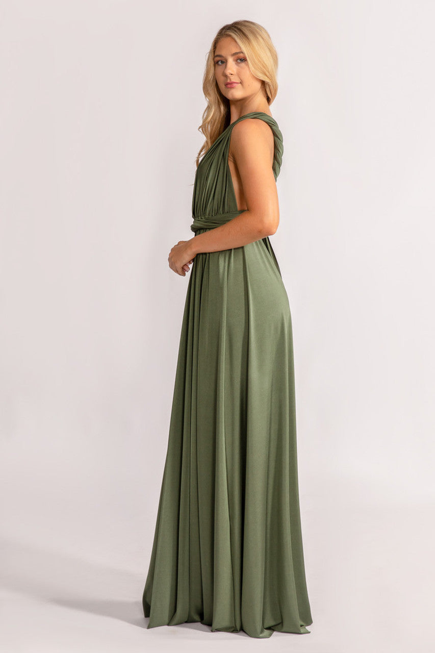 Luxe Satin A-line Infinity Dress in Dark Eucalyptus