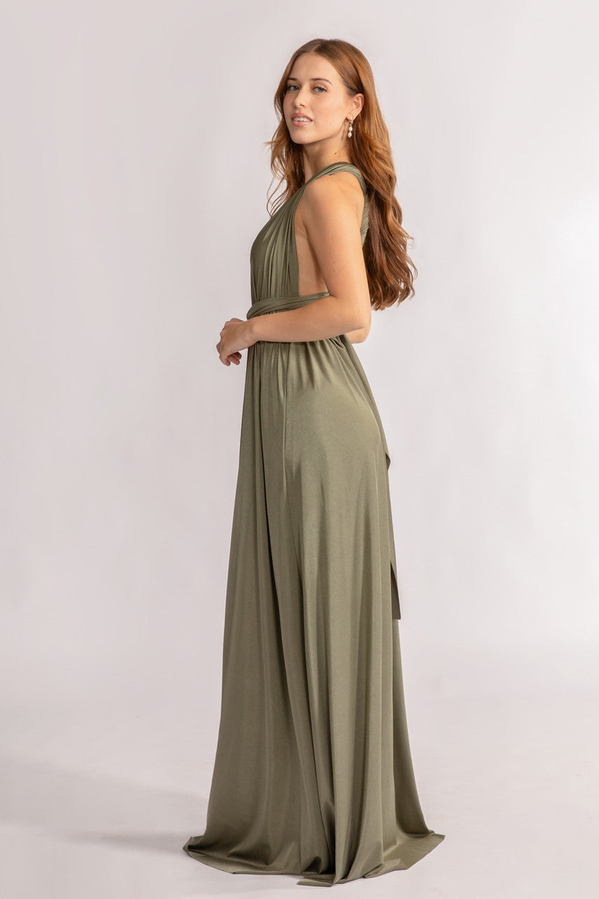 Luxe Satin A-line Multiway Infinity Dress in Moss Green