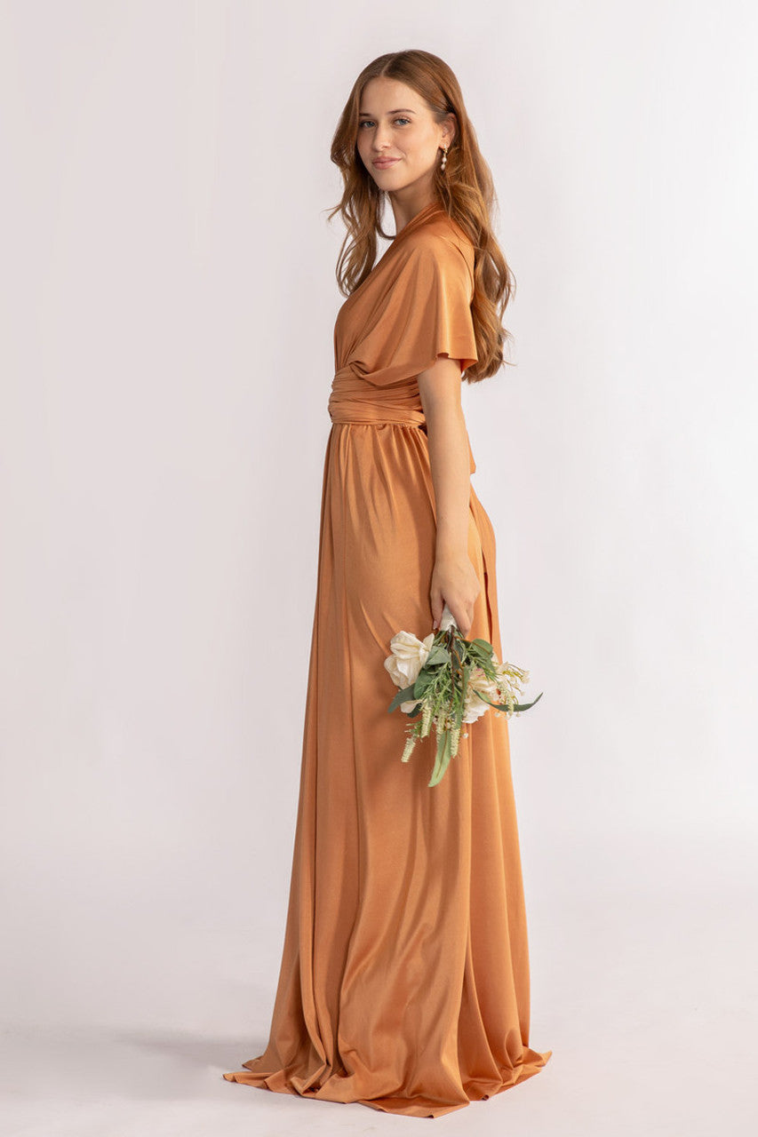 Luxe Satin A-line Infinity Dress in Tan