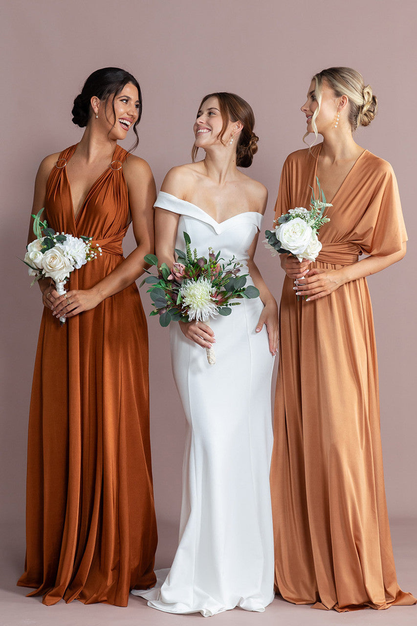 Luxe Satin A-line Infinity Dress in Tan