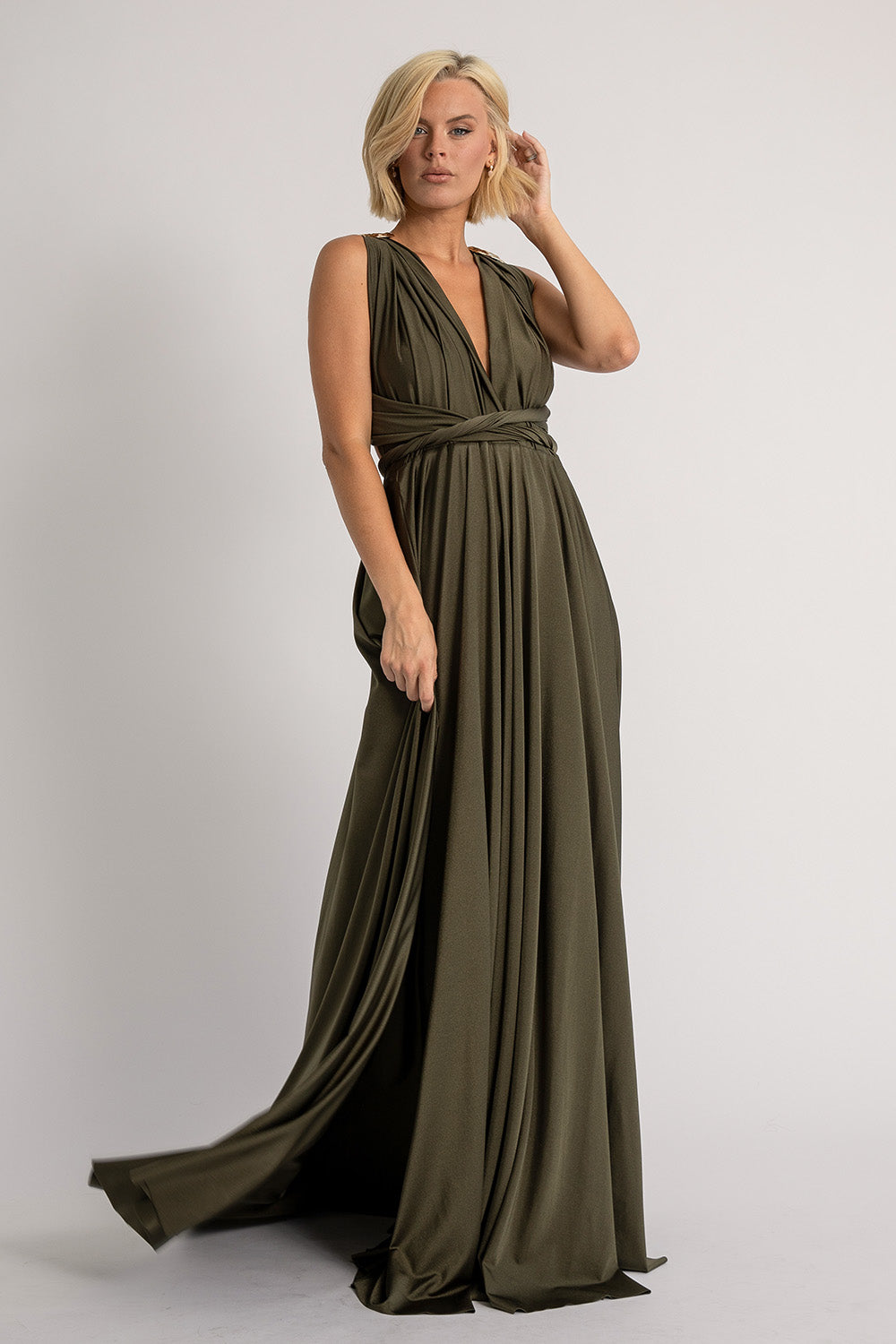 Luxe Satin Ballgown Multiway Infinity Dress in Dark Olive